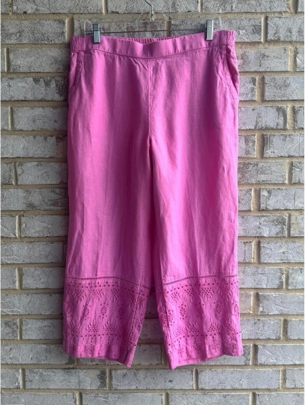 Charter Club 100% Linen Eyelet Trim Pink Cropped Capri Pants Women's Size L
